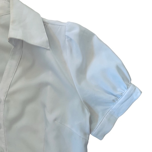 White XS bodysuit office fitted shirt short puff sleeve button down snap bottom - Picture 3 of 7